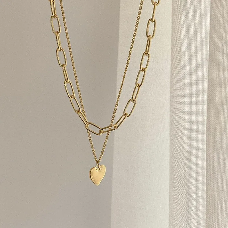 BerriesJam - 2024 Pendant Double Link Chain Metal Heart Necklace