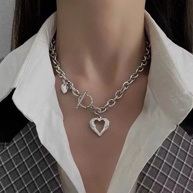 BerriesJam - 2024 Pendant Double Link Chain Metal Heart Necklace