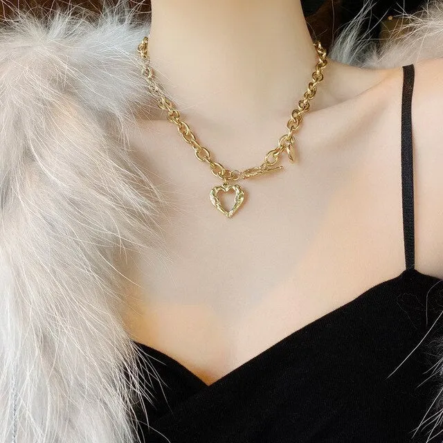BerriesJam - 2024 Pendant Double Link Chain Metal Heart Necklace