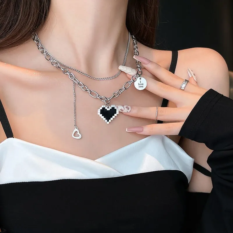 BerriesJam - 2024 Pendant Double Link Chain Metal Heart Necklace
