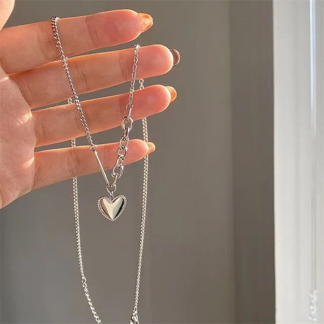 BerriesJam - 2024 Pendant Double Link Chain Metal Heart Necklace