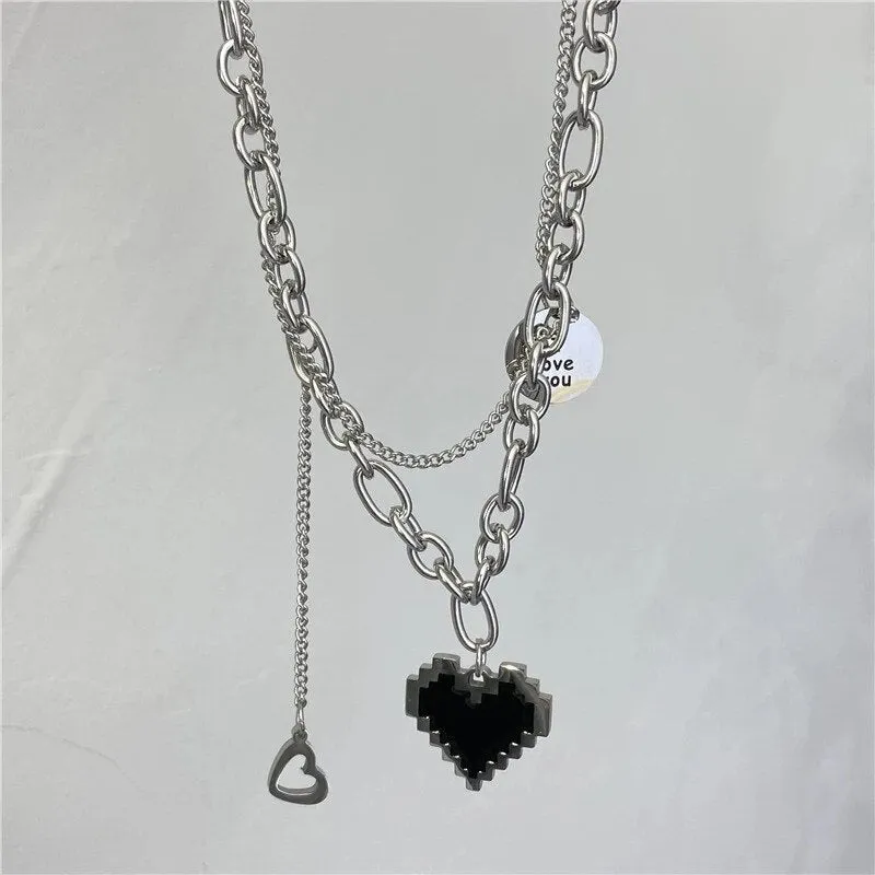 BerriesJam - 2024 Pendant Double Link Chain Metal Heart Necklace