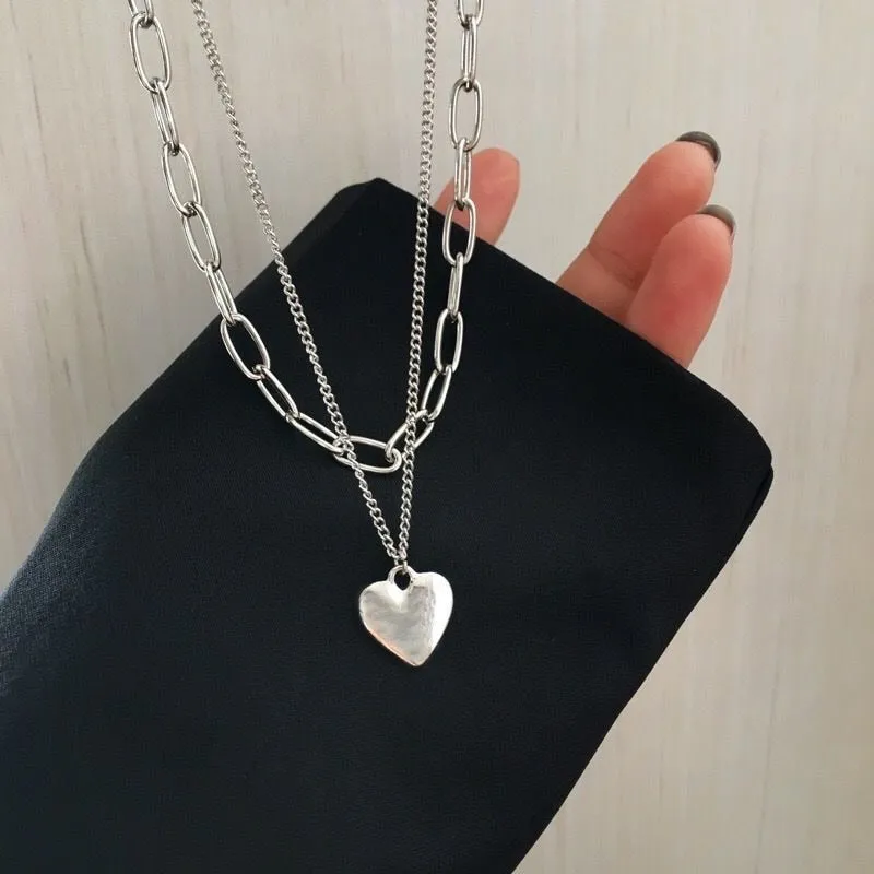 BerriesJam - 2024 Pendant Double Link Chain Metal Heart Necklace