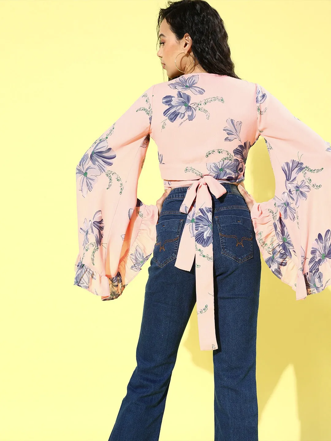 Berrylush Women Peach & Navy Blue Floral Printed V-Neck Waist Tie-Up Wrap Crop Top