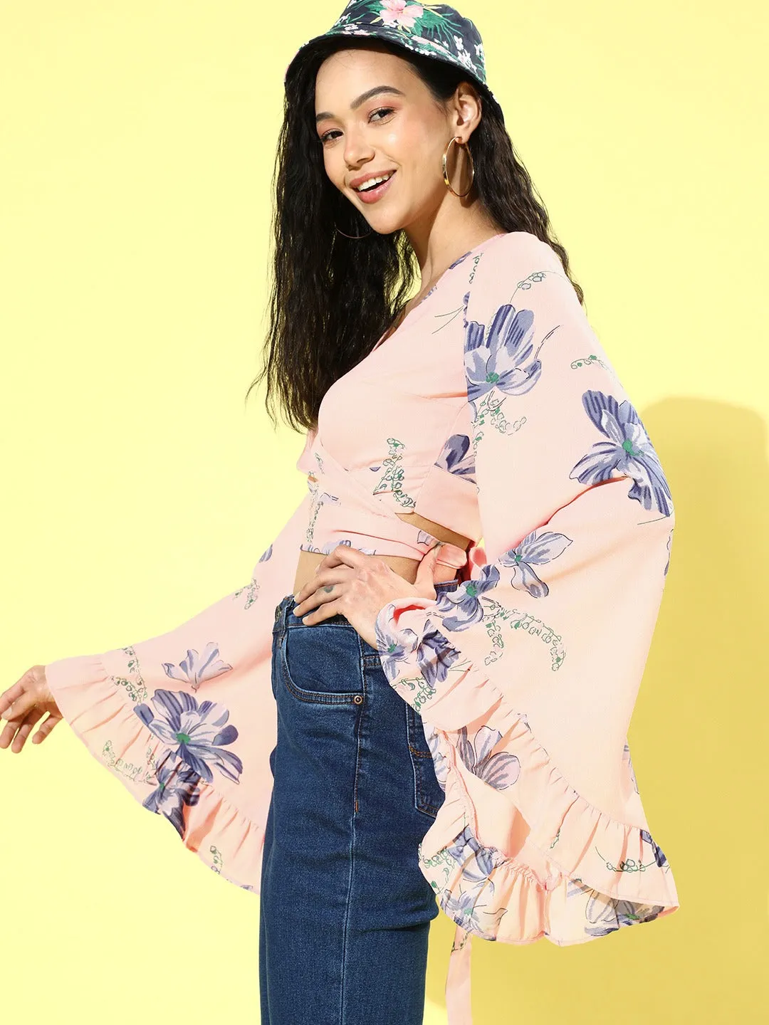 Berrylush Women Peach & Navy Blue Floral Printed V-Neck Waist Tie-Up Wrap Crop Top