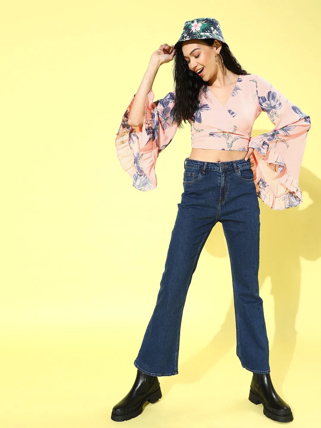 Berrylush Women Peach & Navy Blue Floral Printed V-Neck Waist Tie-Up Wrap Crop Top