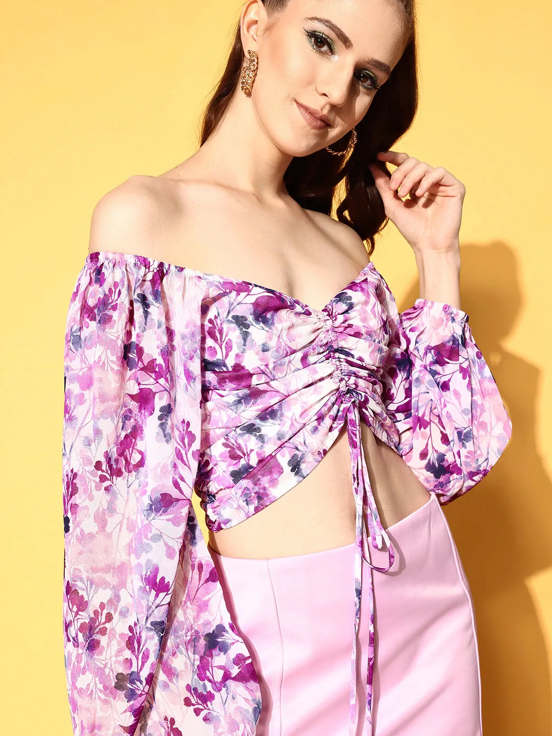 Berrylush Women White & Purple Floral Printed Off-Shoulder Neck Front Tie-Up Ruched Crop Top