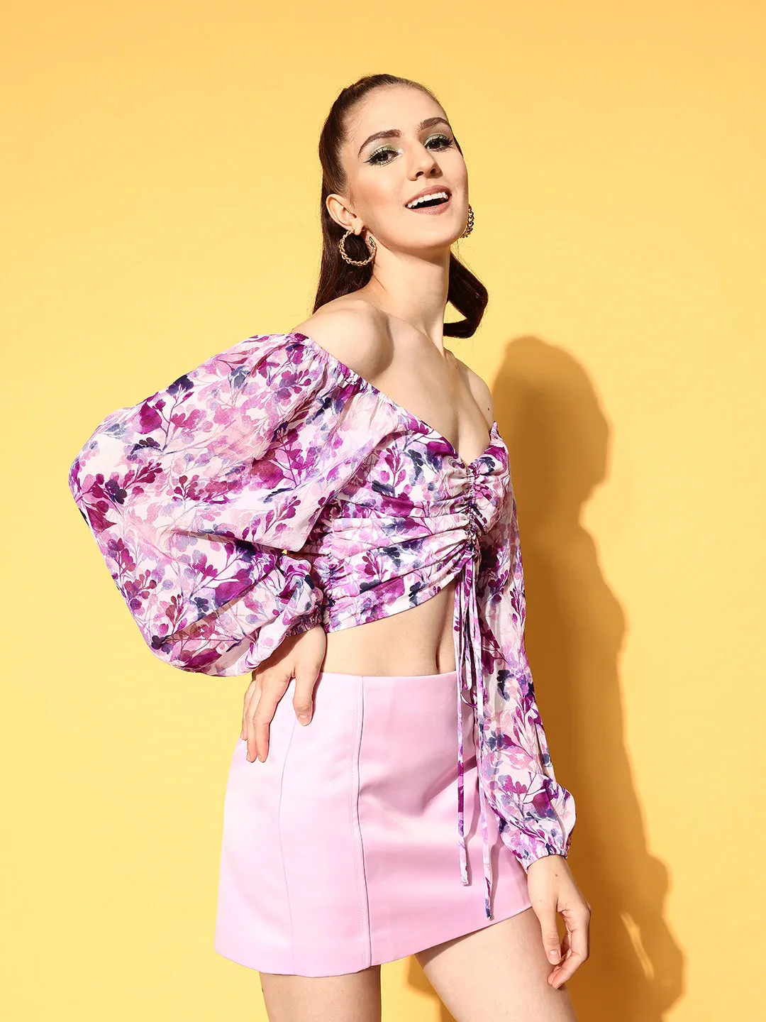 Berrylush Women White & Purple Floral Printed Off-Shoulder Neck Front Tie-Up Ruched Crop Top