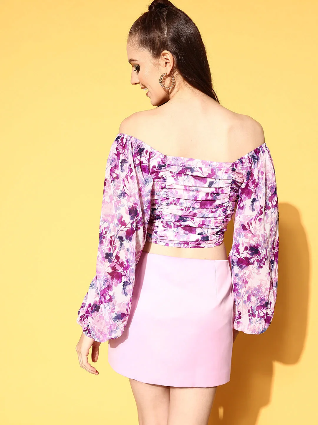 Berrylush Women White & Purple Floral Printed Off-Shoulder Neck Front Tie-Up Ruched Crop Top