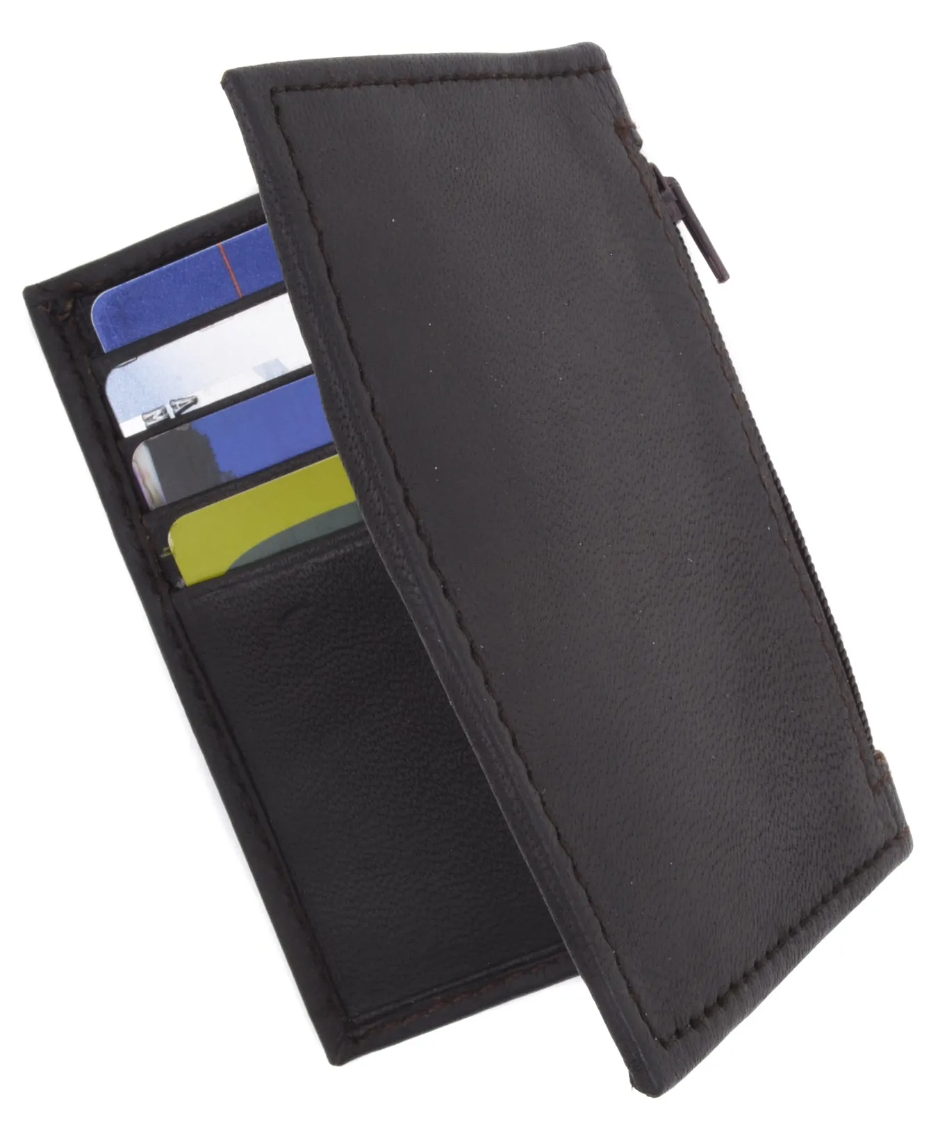 Bifold Lamb Leather Credit Card Holder Wallet with Outside ID Window & Zippered Pocket 76