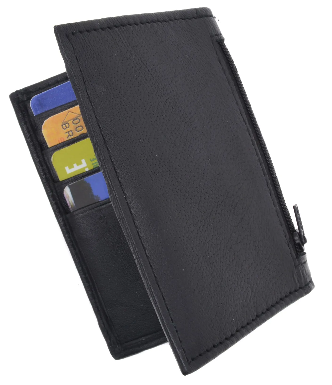 Bifold Lamb Leather Credit Card Holder Wallet with Outside ID Window & Zippered Pocket 76