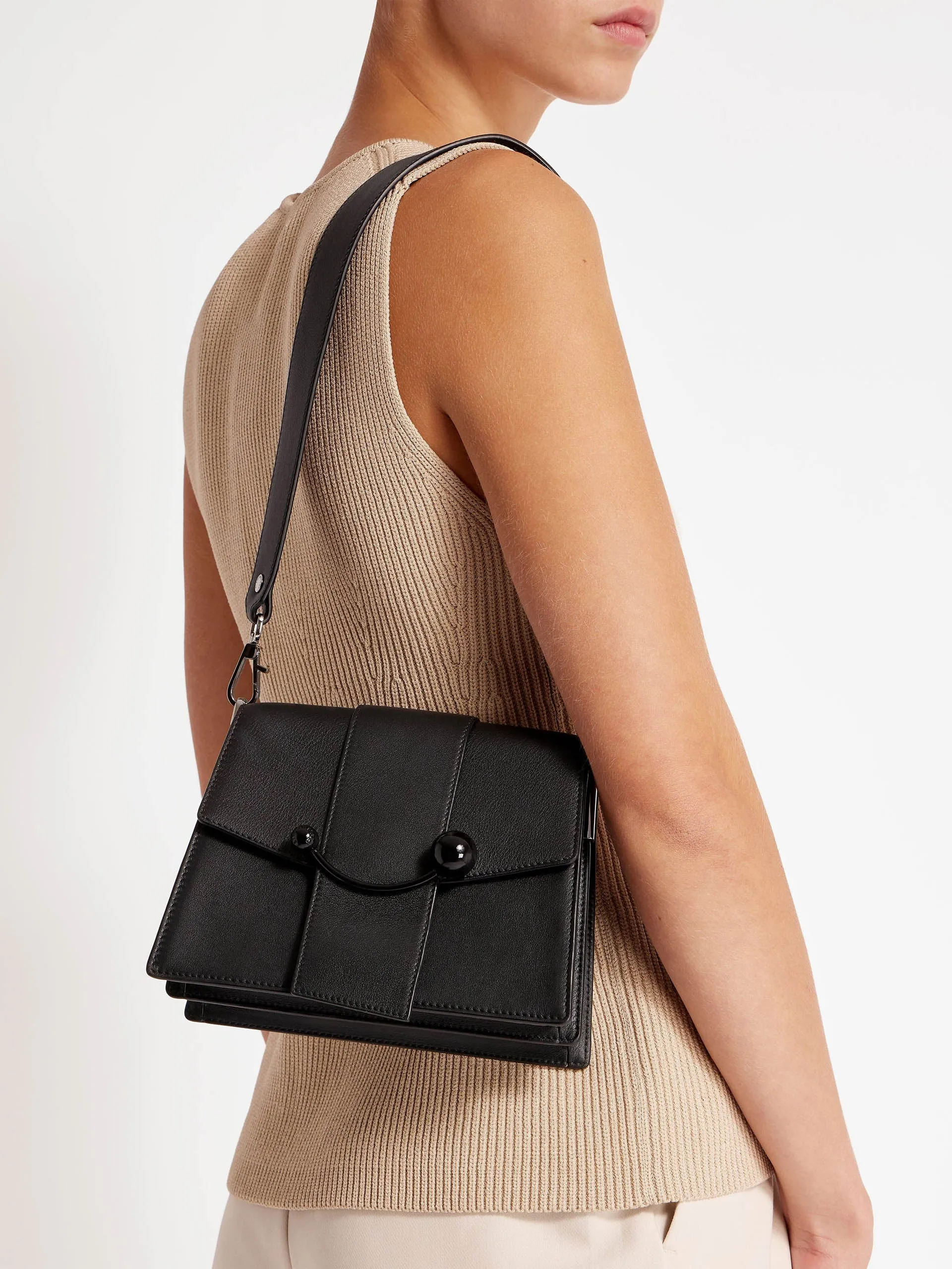 Black coated bar with silver hardware Box crescent bag
