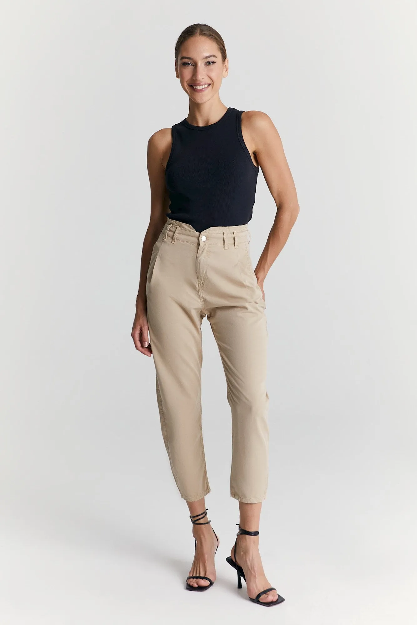 Camila - High Waist Slim Fit Paper Bag Pants - Beige