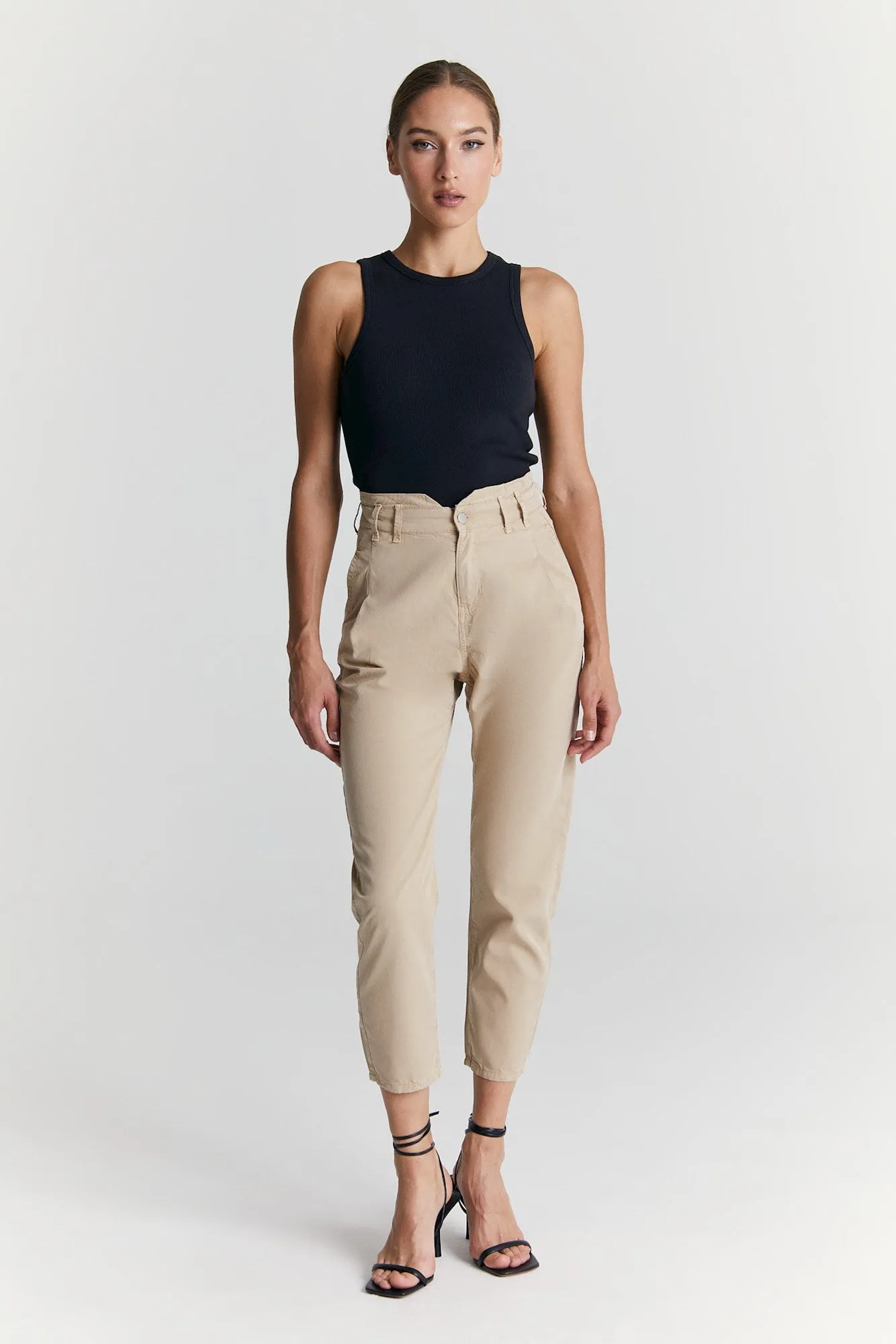 Camila - High Waist Slim Fit Paper Bag Pants - Beige