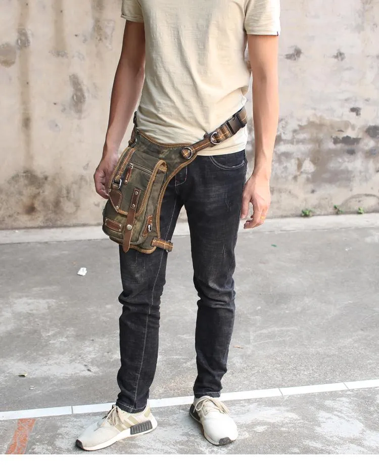 Canvas Black Mens DropLeg Bag Green Belt Pouch Waist Bag Hip Bag Small Side Bag For Men