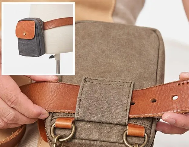Canvas Leather Mens Belt Pouch Waist Bag Small Side Bag for Men
