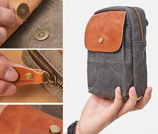 Canvas Leather Mens Belt Pouch Waist Bag Small Side Bag for Men