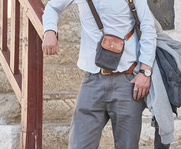 Canvas Leather Mens Belt Pouch Waist Bag Small Side Bag for Men