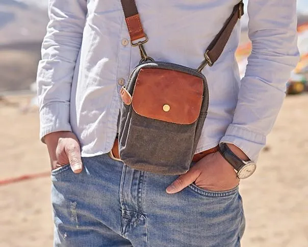 Canvas Leather Mens Belt Pouch Waist Bag Small Side Bag for Men