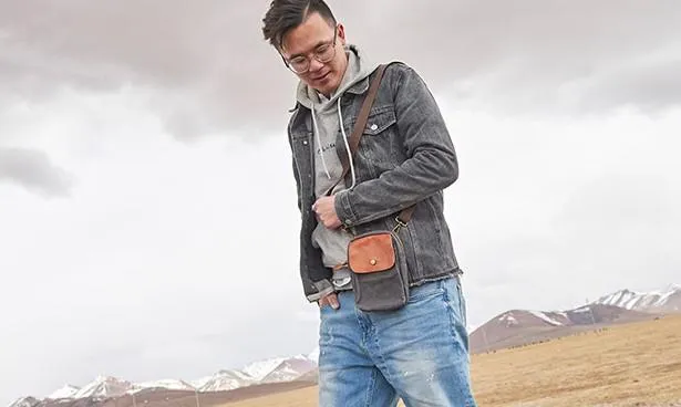 Canvas Leather Mens Belt Pouch Waist Bag Small Side Bag for Men