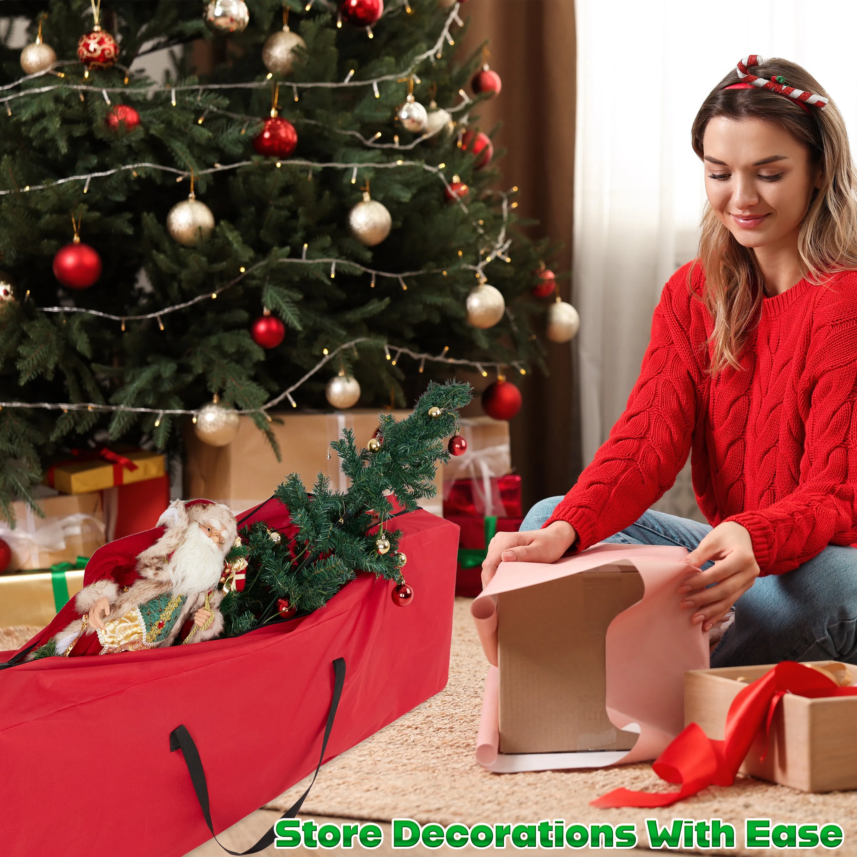 Christmas Tree Storage Bag - Zipped Christmas Storage Tree Bag - Red 160 cm