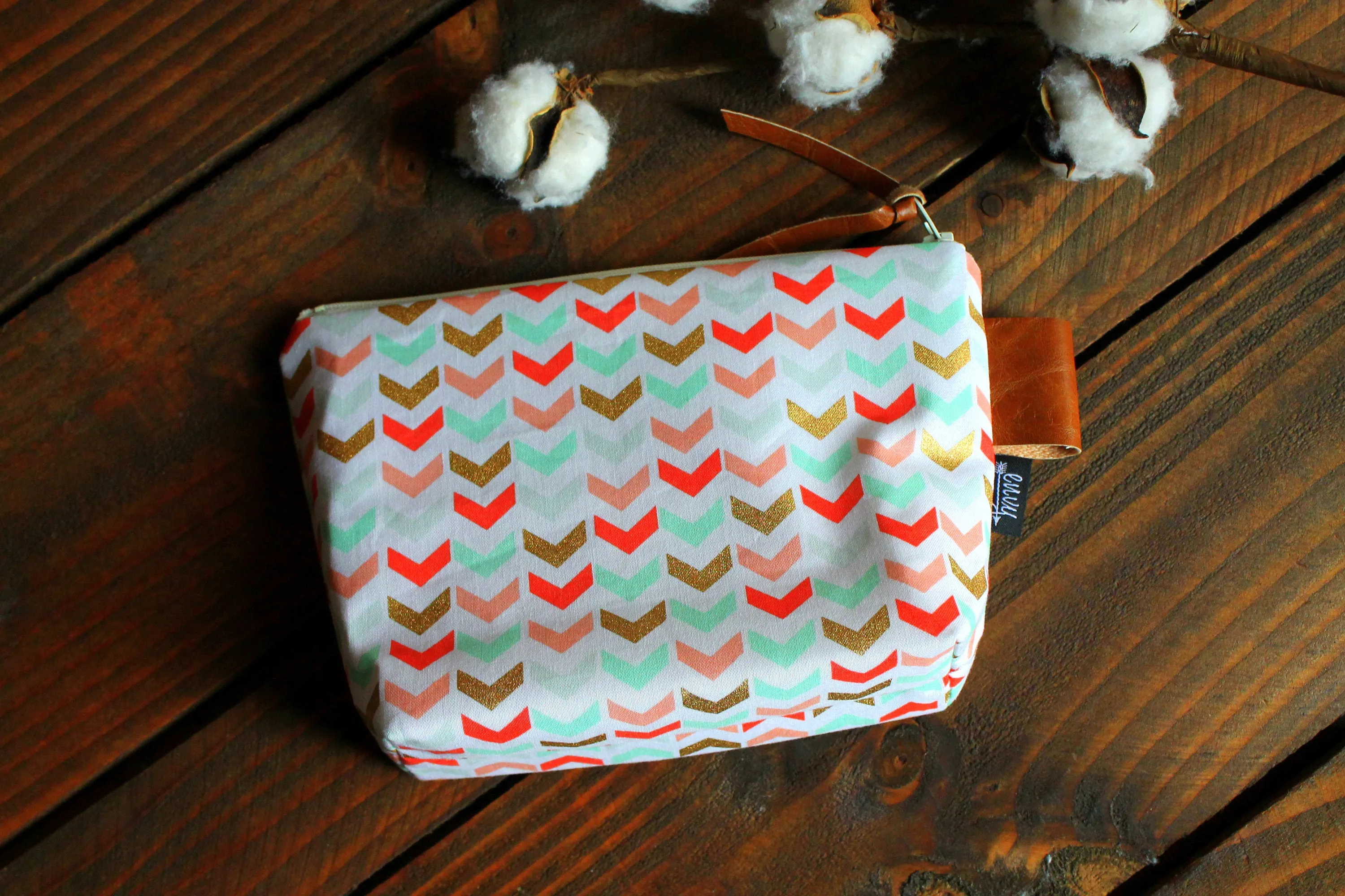 Coral Mint Arrowheads with Vegan Leather - Cosmetic Bag - Make Up Bag - Bridesmaid Gift