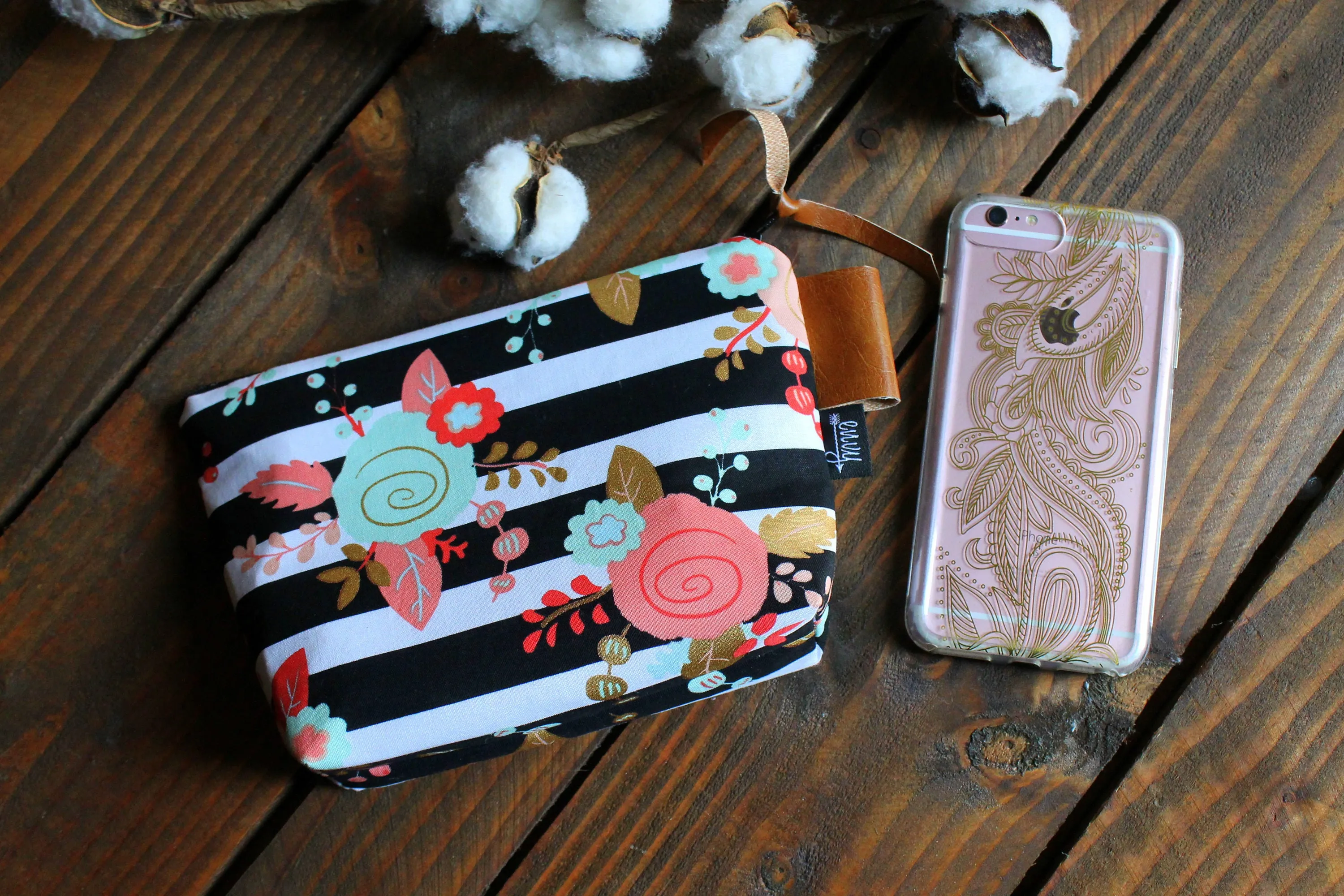 Coral Mint Arrowheads with Vegan Leather - Cosmetic Bag - Make Up Bag - Bridesmaid Gift