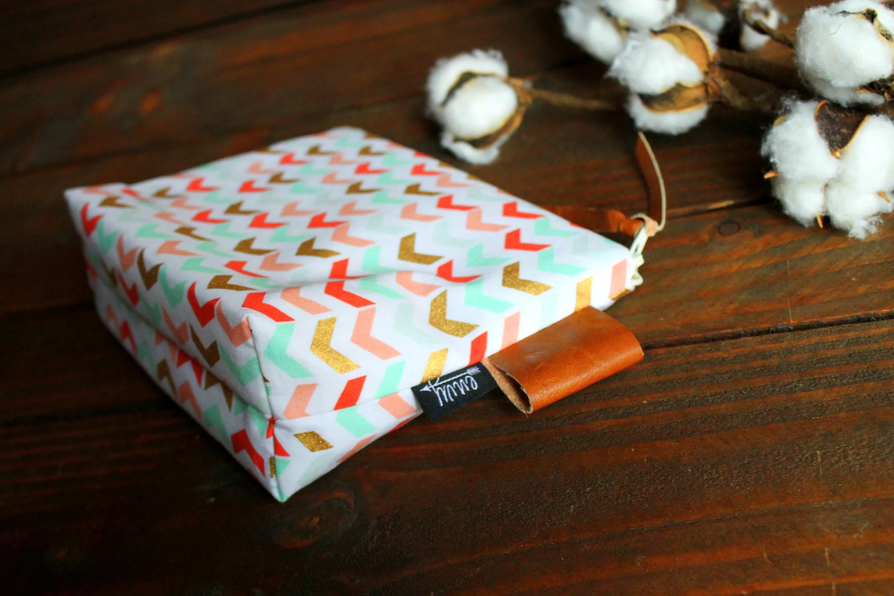 Coral Mint Arrowheads with Vegan Leather - Cosmetic Bag - Make Up Bag - Bridesmaid Gift