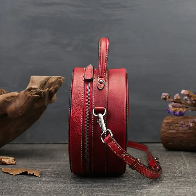 Cute Womens Red Leather Shoulder Bag Round Leather Crossbody Purse For Women