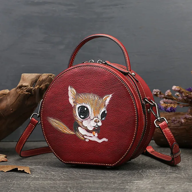 Cute Womens Red Leather Shoulder Bag Round Leather Crossbody Purse For Women