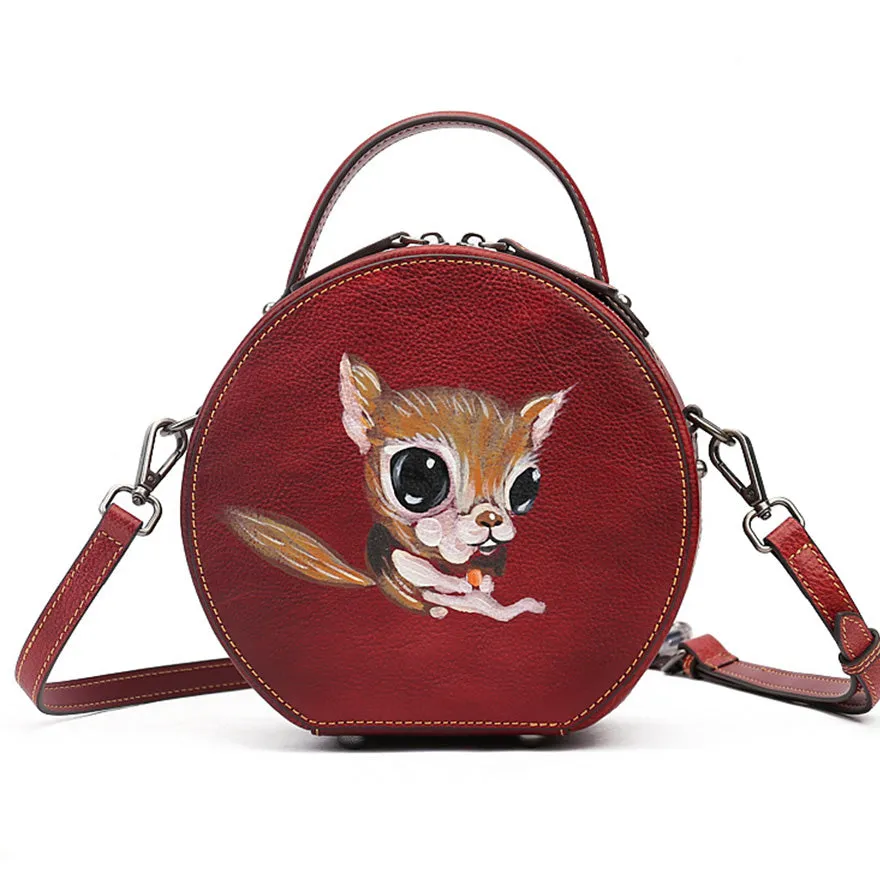 Cute Womens Red Leather Shoulder Bag Round Leather Crossbody Purse For Women