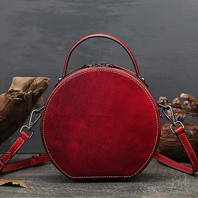 Cute Womens Red Leather Shoulder Bag Round Leather Crossbody Purse For Women