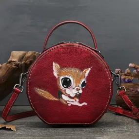 Cute Womens Red Leather Shoulder Bag Round Leather Crossbody Purse For Women