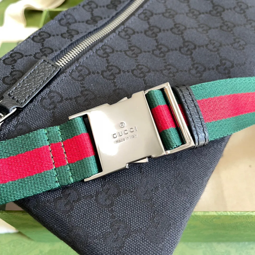 gg Supreme Canvas Two Pocket Waist Belt Bag Black gg Supreme Canvas For Men  3in/7.5cm gg