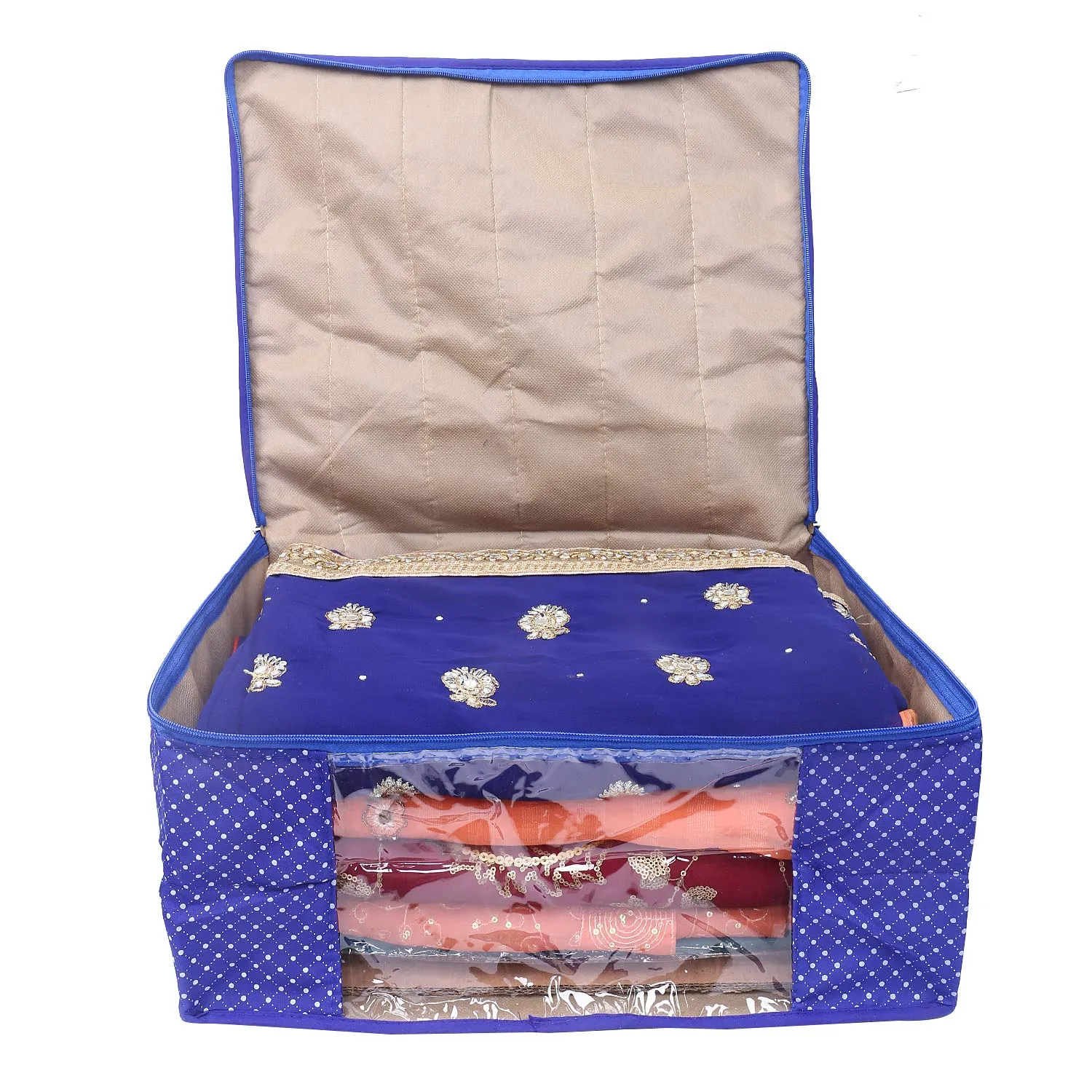 Kuber Industries Polka Dots 3 Piece Cotton 3 Layered Quilted Saree Cover, Blue-CTKTC21271