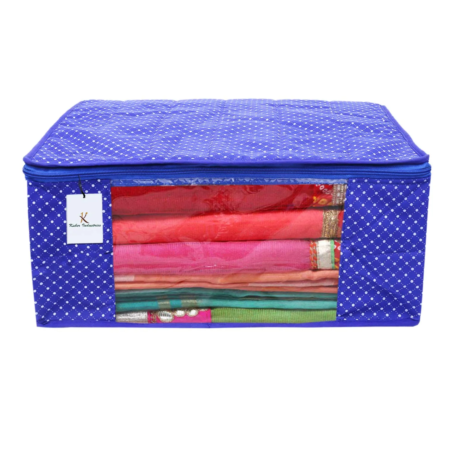 Kuber Industries Polka Dots 3 Piece Cotton 3 Layered Quilted Saree Cover, Blue-CTKTC21271
