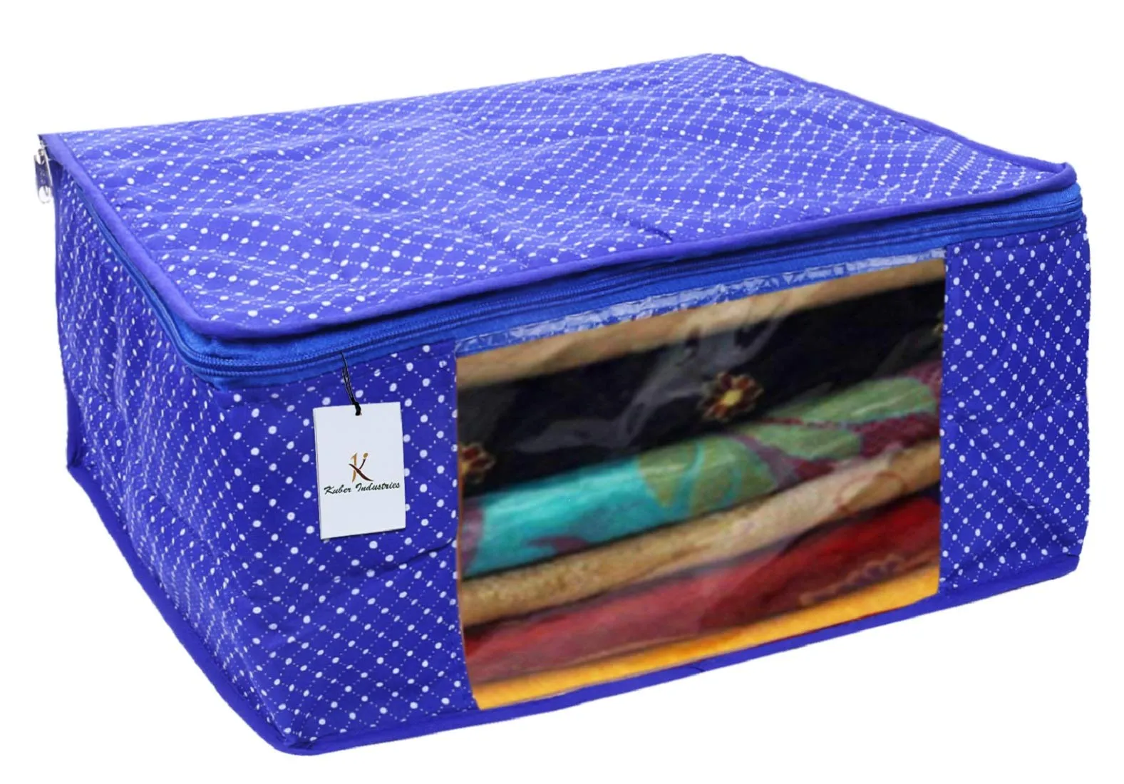 Kuber Industries Polka Dots 3 Piece Cotton 3 Layered Quilted Saree Cover, Blue-CTKTC21271