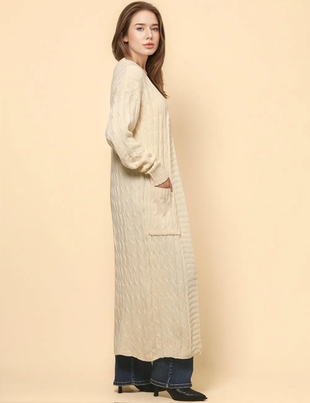 Ladie Solid Color Open Front Long Cardigan SKT4747