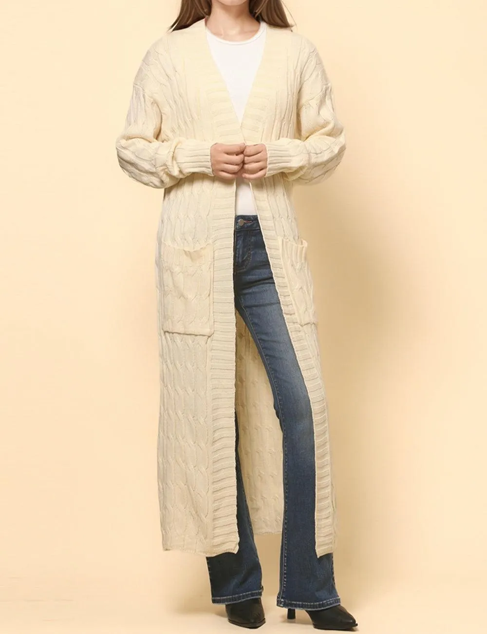 Ladie Solid Color Open Front Long Cardigan SKT4747