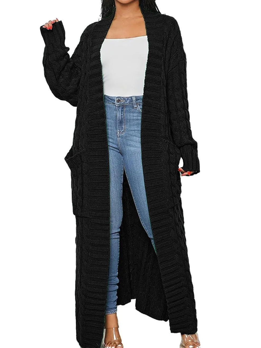 Ladie Solid Color Open Front Long Cardigan SKT4747