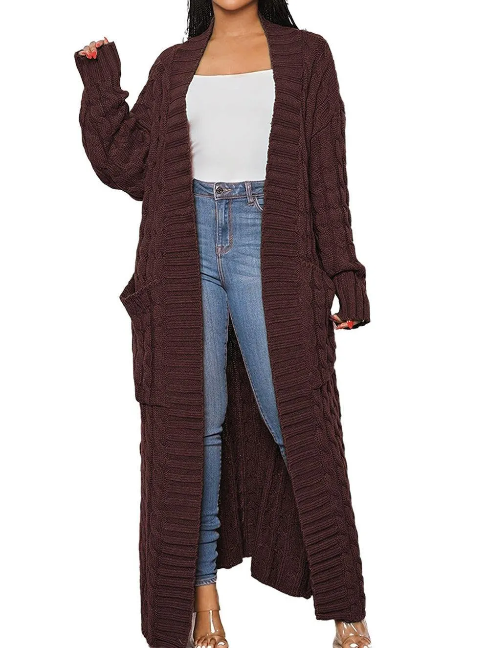 Ladie Solid Color Open Front Long Cardigan SKT4747