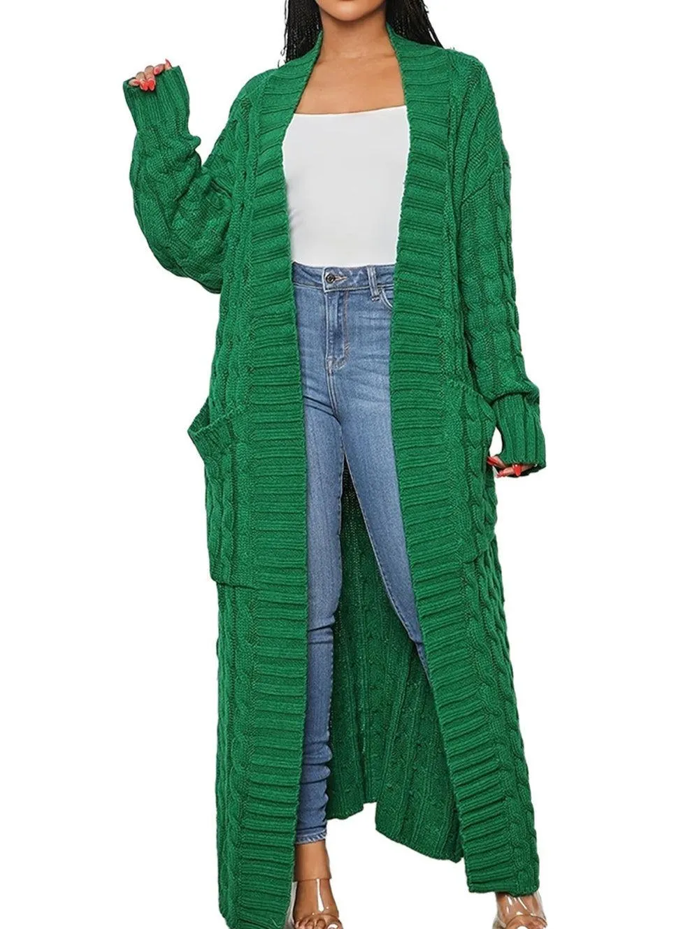 Ladie Solid Color Open Front Long Cardigan SKT4747