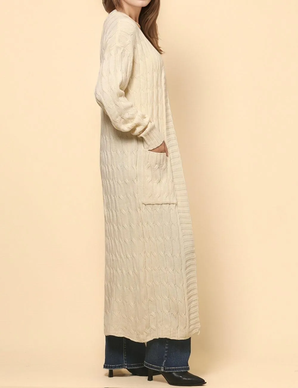 Ladie Solid Color Open Front Long Cardigan SKT4747