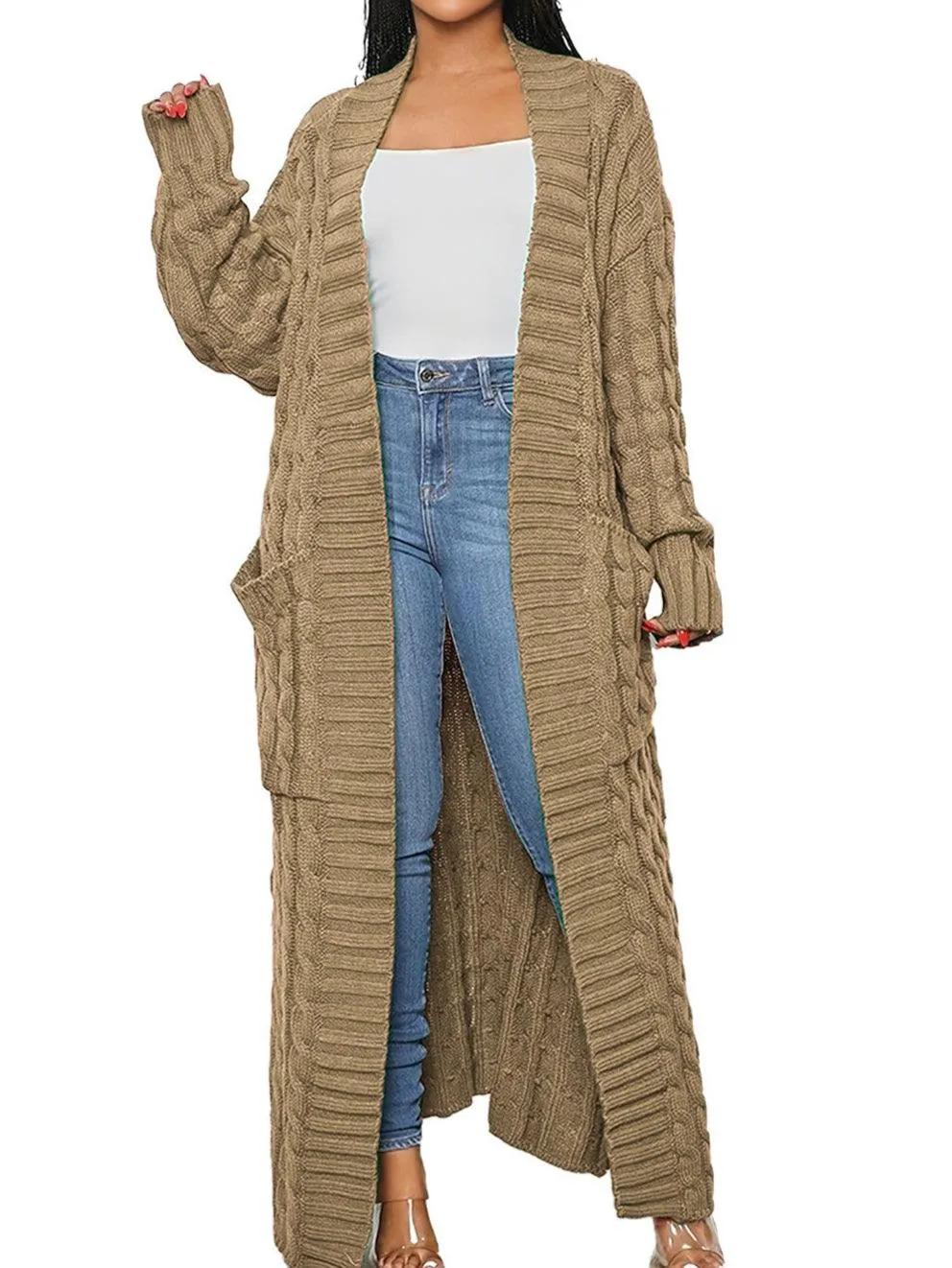 Ladie Solid Color Open Front Long Cardigan SKT4747