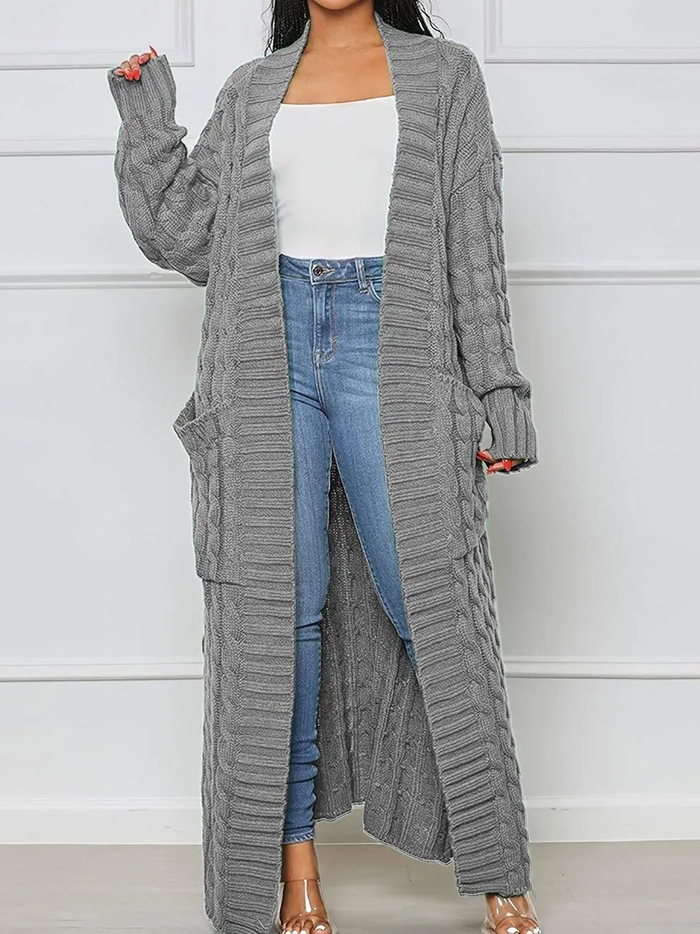 Ladie Solid Color Open Front Long Cardigan SKT4747