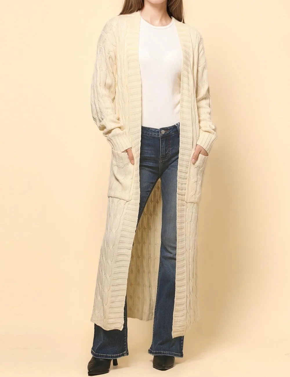 Ladie Solid Color Open Front Long Cardigan SKT4747