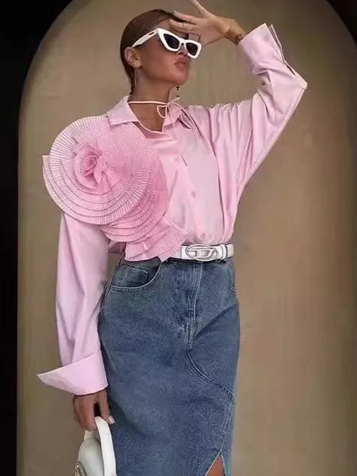 Ladies 3D Pleated Flower Long Sleeve Shirt SKT4757