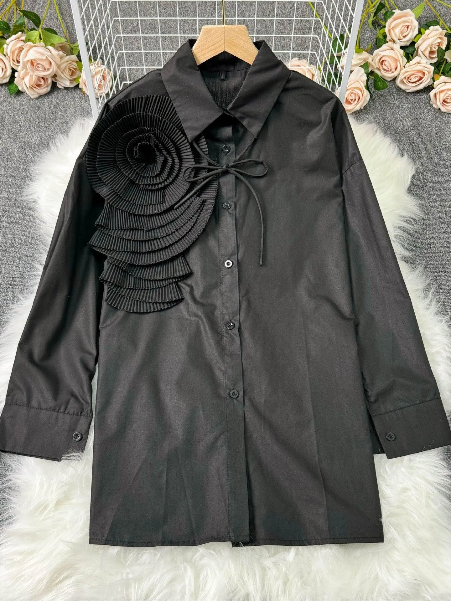 Ladies 3D Pleated Flower Long Sleeve Shirt SKT4757