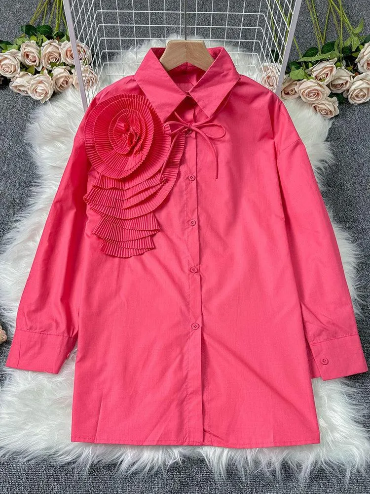 Ladies 3D Pleated Flower Long Sleeve Shirt SKT4757