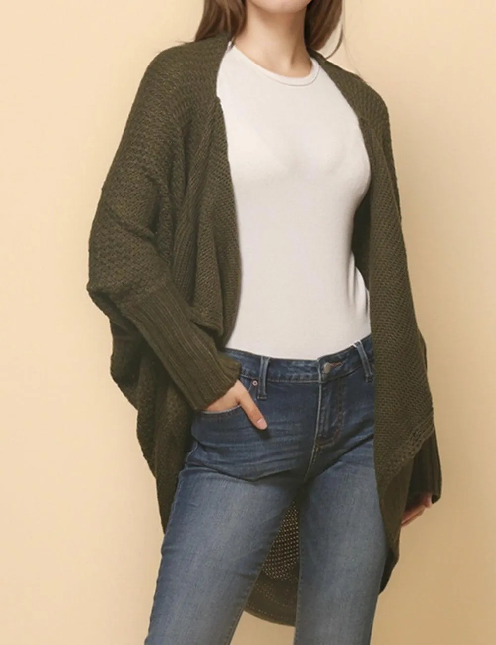 Ladies Bat Sleeves Open Front Knit Cardigan SKT4763